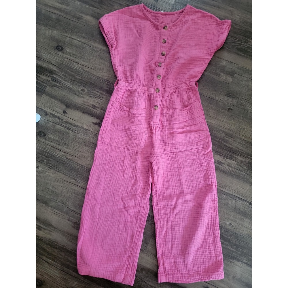 Girls Pink Cotton Gauze Jumpsuit Button Front Wide Leg‎ Muslin Romper Pockets